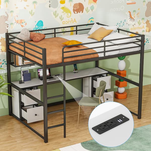 Harper & Bright Designs Black Full Size Metal Loft Bed with White Built-in Desk, 4-Drawers, Bedside Tray, Ladder and USB Charging Station