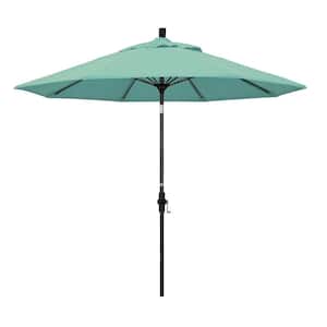 9 ft. Matted Black Aluminum Market Patio Umbrella with Collar Tilt Crank Lift in Spectrum Mist Sunbrella