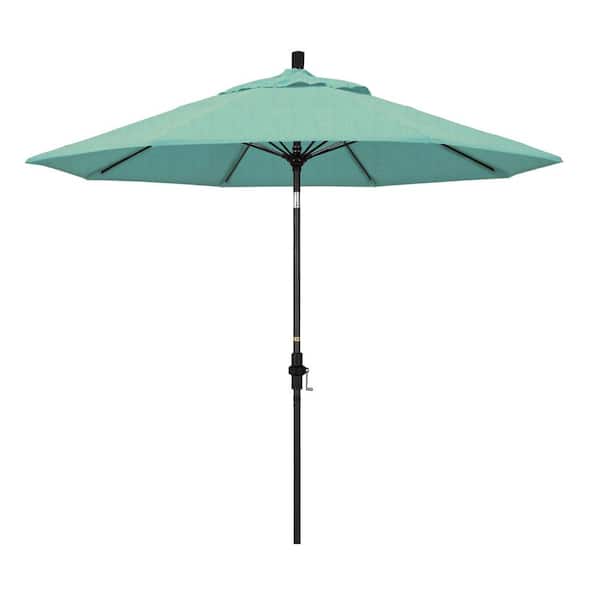 California Umbrella 9 ft. Matted Black Aluminum Market Patio Umbrella with Collar Tilt Crank Lift in Spectrum Mist Sunbrella