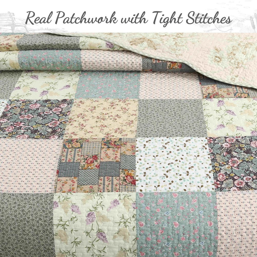 King Size Cotton Floral Patchwork Reversible Quilt Set