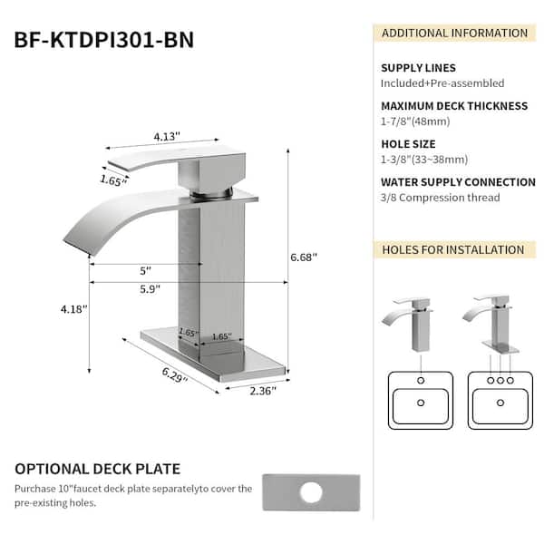 6 in. Single Handle Bathroom Sink Faucet with Deckplate, Single Hole in Brushed Nickel