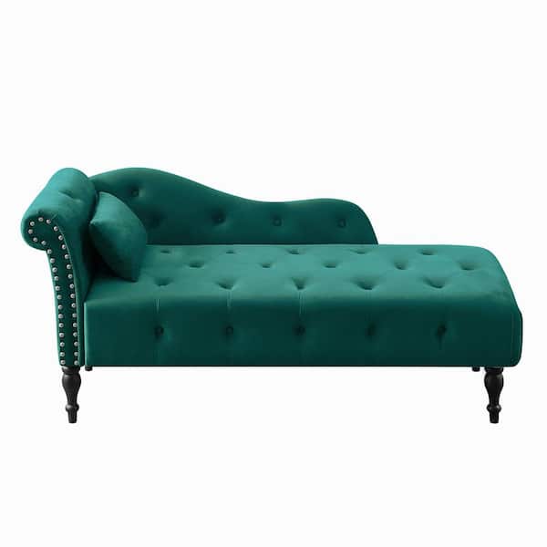 Unbranded 60.6 in. Green Velvet Chaise Lounge Buttons Tufted Nailhead Trimmed Solid Wood Legs with 1-Pillow