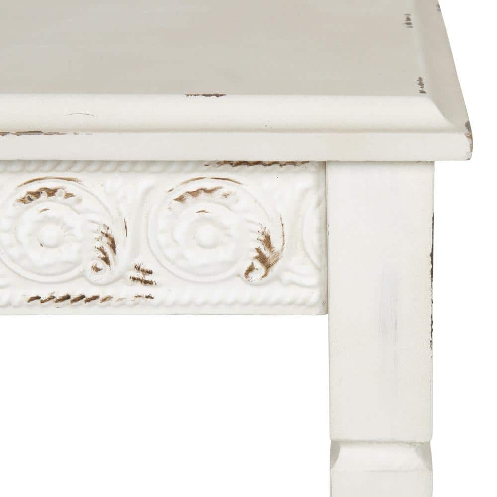 Soft White Farmhouse Wood Accent Table with Metal Skirt