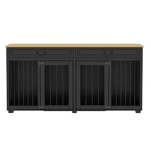 Wooden Indoor Dog Kennel Furniture, Large Dog Crate Cage with 2 Drawers and Divider for Medium or 2 Small Dogs, Black