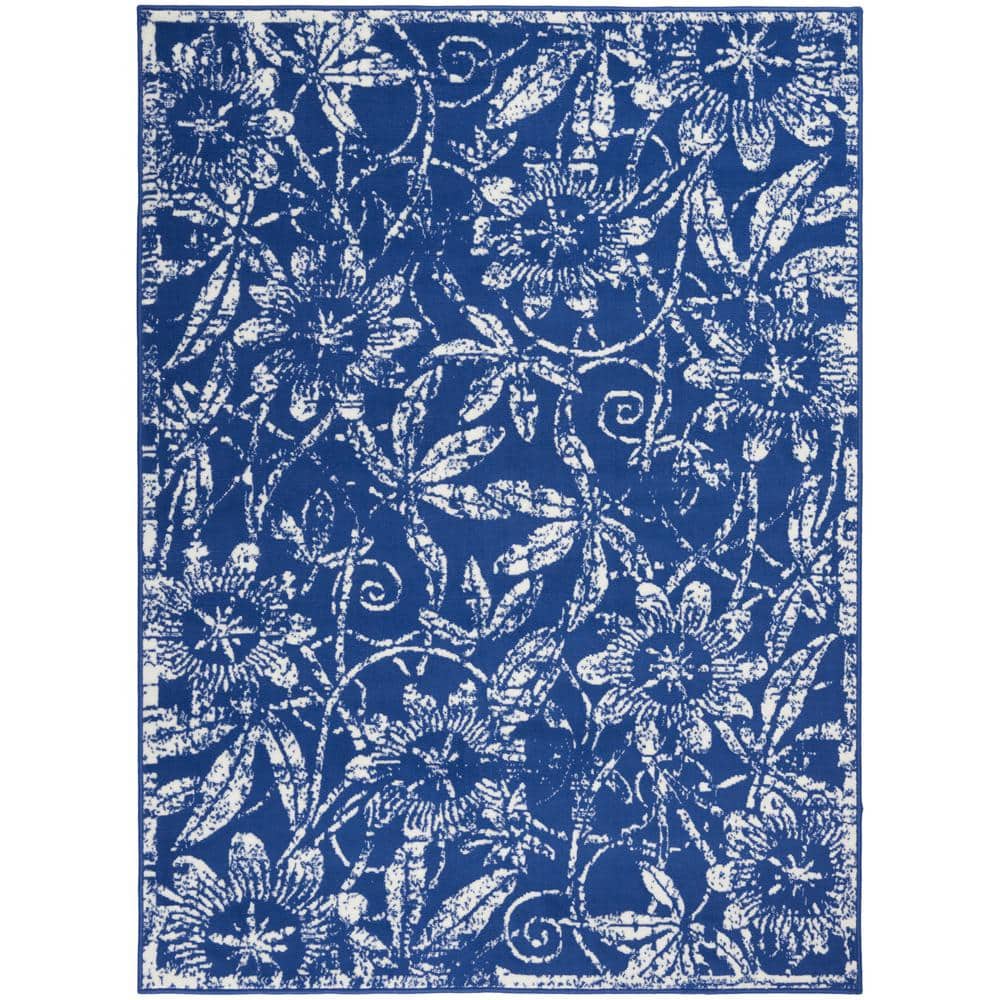 Navy Floral Charm 5' x 7' Synthetic Reversible Area Rug