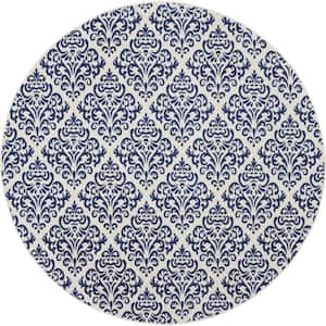 Grafix White/Blue 8 ft. x 8 ft. Persian Geometric Transitional Round Area Rug