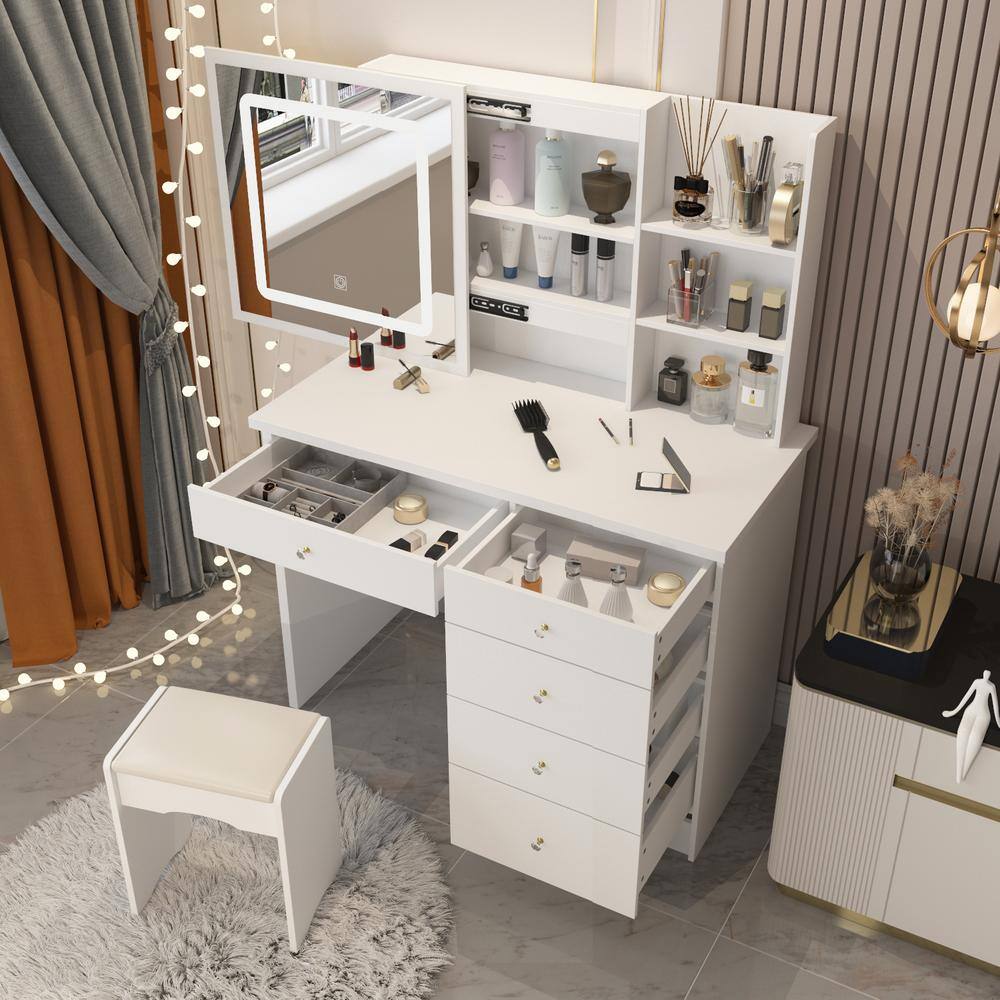 5-Drawers White Wood Makeup Vanity Sets Dressing Table Sets With LED Push-Pull Mirror, Stool and Storage Shelves - thumbnail 2