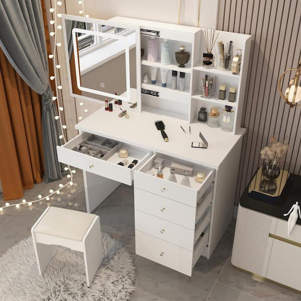 5-Drawers White Wood Makeup Vanity Sets Dressing Table Sets With LED Push-Pull Mirror, Stool and Storage Shelves