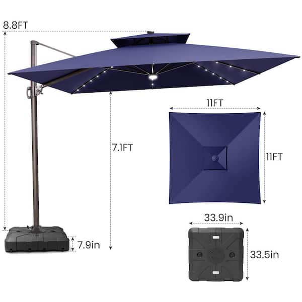 Crestlive Products 11 ft. x 11 ft. Solar Powered Cantilever Patio Umbrella  in Navy Blue Tiltable Outdoor Umbrella with 350 lb. Wheeled Base  CL-UWB8724NAV - The Home Depot