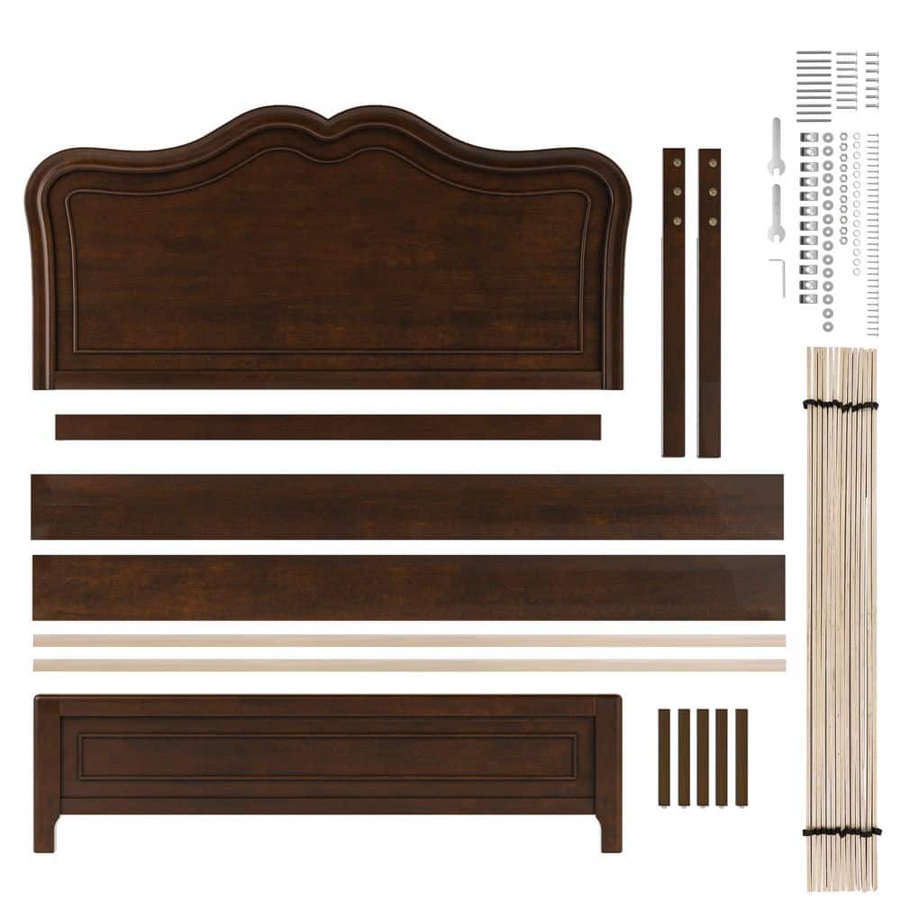 Dark Walnut Brown Mid-Century Modern Solid Wood Bed Frame King Platform Bed with Wave Headboard - thumbnail 9