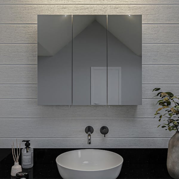 Thurmond 30 in. W x 26 in. H Triple Door Silver Aluminum Recessed/Surface Mount Medicine Cabinet with Mirror