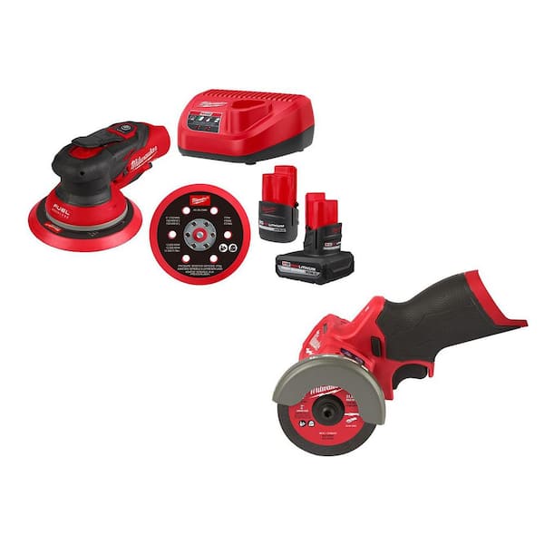 M12 FUEL 12-Volt Li-Ion Brushless Cordless 6 in. Random Orbital Sander Kit (3/16 in) w M12 Batteries & M12 Cut Off Saw