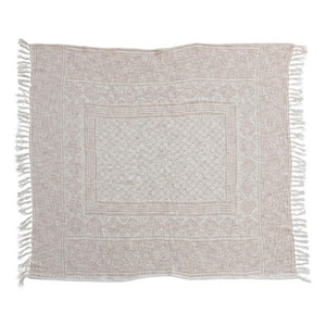 Ivory and Putty Orange Cotton Slub Printed Throw Blanket with Pattern and Tassels