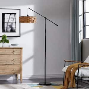 Chicago 73 in. Black Farmhouse 1-Light Up-Down Swing Arm Floor Lamp with Brown Wood Drum Shade