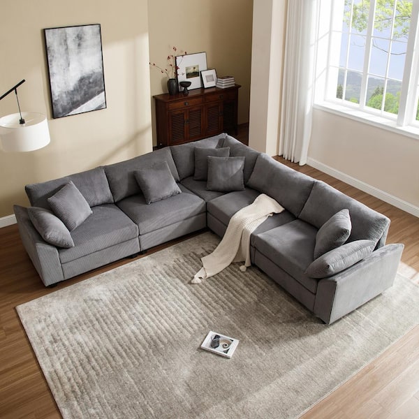 Morden Fort 115 in. Modular Cloud Couch Gray Corduroy L-shaped Sectional Sofa with Storage for Living Room Apartment Office