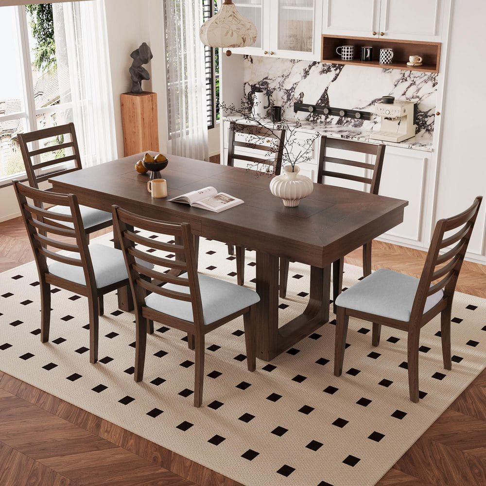 Harper & Bright Designs 7-Piece Brown MDF Extendable Dining Set Seats 6 ...