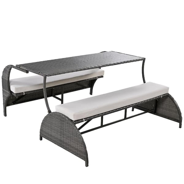 Sudzendf 1-Piece Wicker Patio Conversation Set with Beige Cushions, Outdoor Garden Loveseat and Convertible to 4-Seats and Table