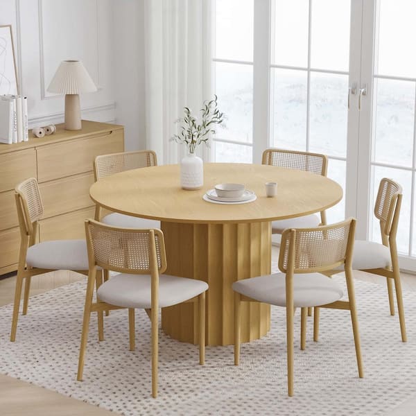 Round Natural Wood 60 in. Column Base Dining Table Seats 8