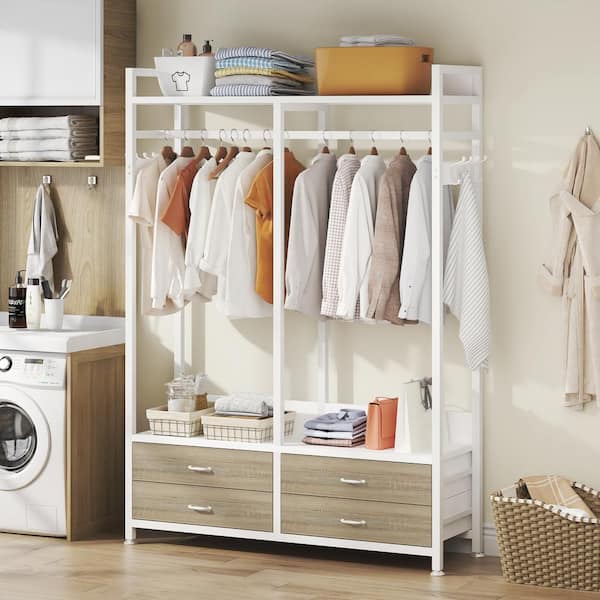 TRIBESIGNS WAY TO ORIGIN Billie White Wood 47.2 in. Armoire with 4-Drawers 8-Hooks Rack Home Bedroom