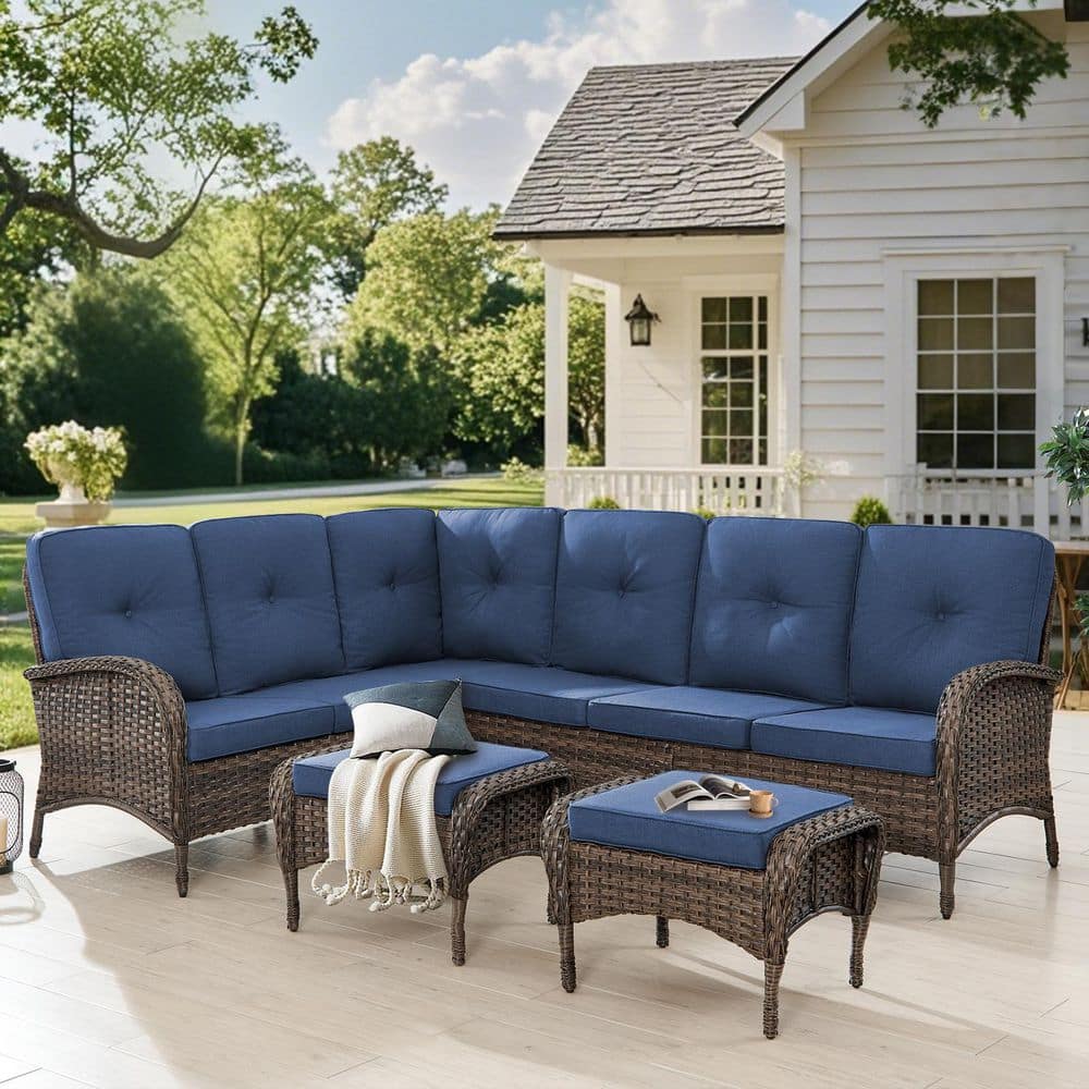 Flat Armrest Series Brown 3-Piece Wicker Patio Conversation Seating Set with CushionGuard Blue Cushions price history on PriceWatchPro