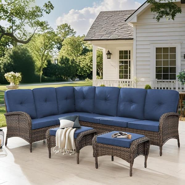 Flat Armrest Series Brown 3-Piece Wicker Patio Conversation Seating Set with CushionGuard Blue Cushions