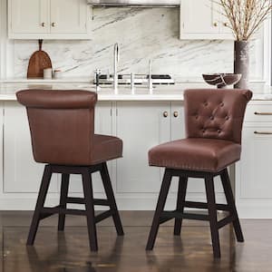 26 in. Brown Faux Leather Swivel Barstool Solid Wood Counter Stool with Nail head Trim and Tufted Backrest Set of 2