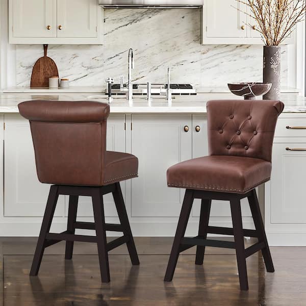 cozyman 26 in. Brown Faux Leather Swivel Barstool Solid Wood Counter Stool with Nail head Trim and Tufted Backrest Set of 2