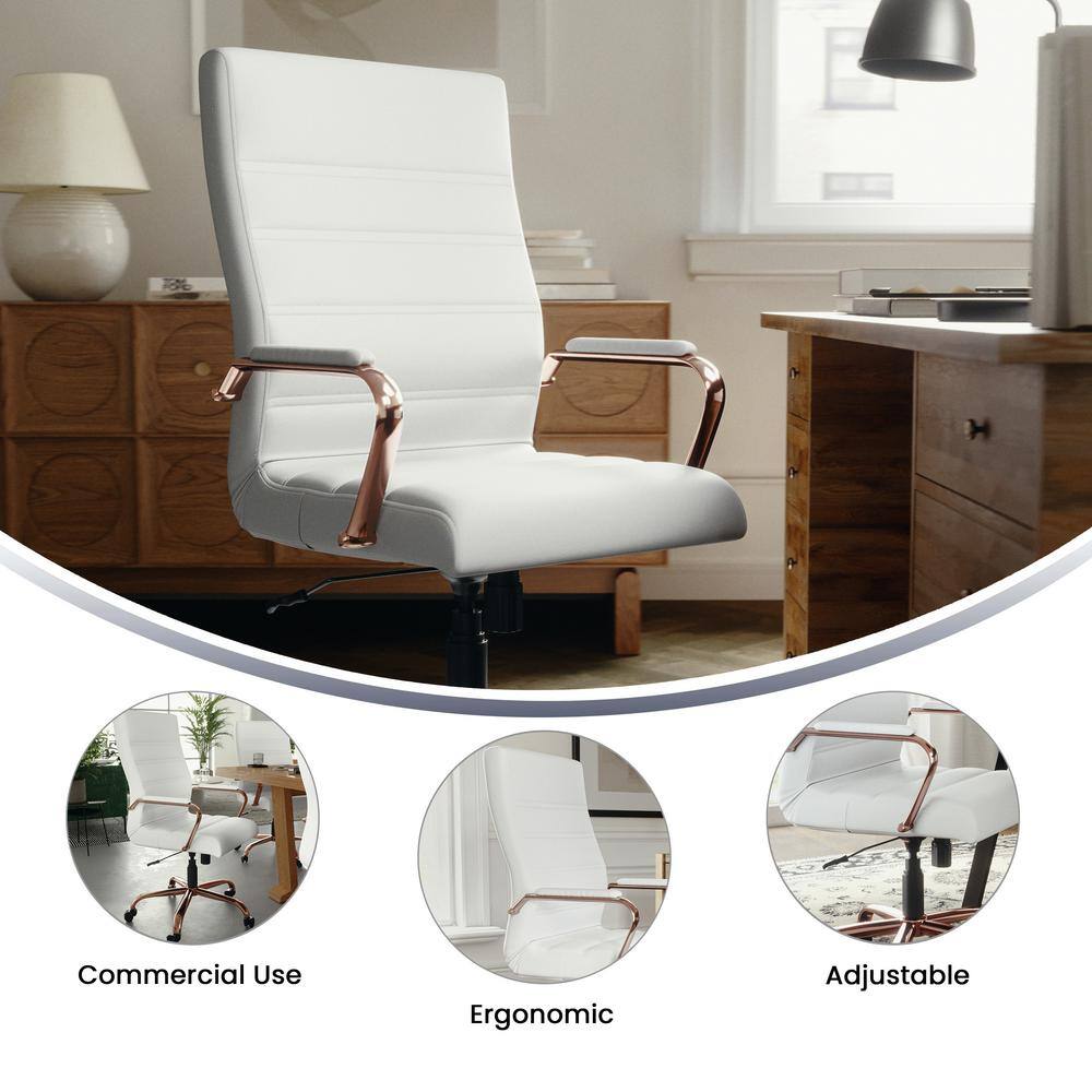 White LeatherSoft High Back Executive Swivel Chair with Rose Gold Metal Frame