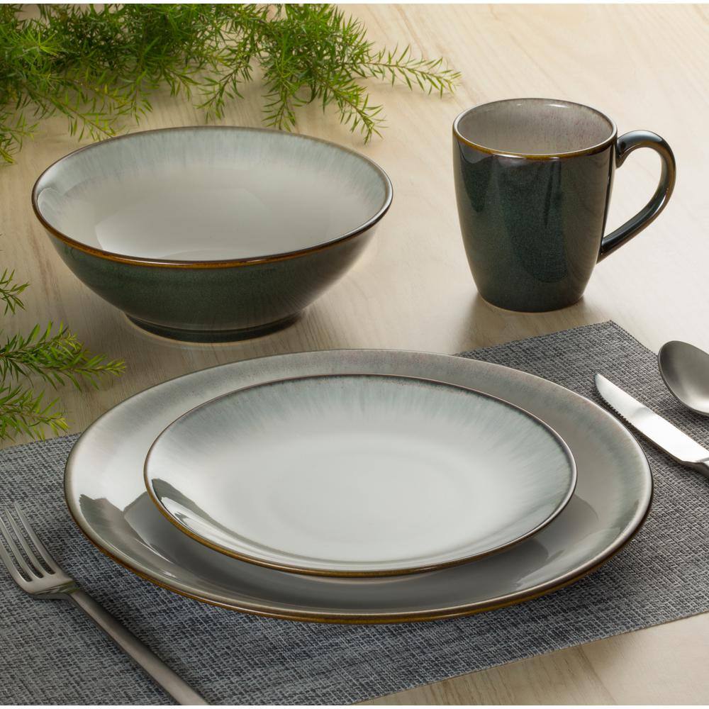 16-Piece White and Green Porcelain Dinnerware Set for 4