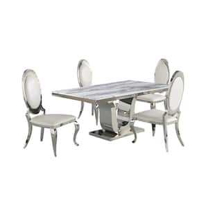 Ada 5-Piece White Marble Top With Stainless Steel Base Table Set With 4 White Faux Leather Oval Back Chairs