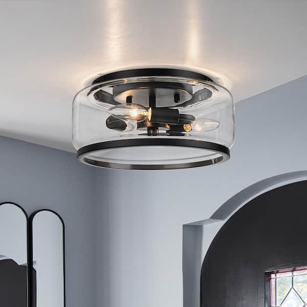 11.8 in. 3-Light Drum Matte Black Flush Mount with Glass Shade for Kitchen Foyer Living Room