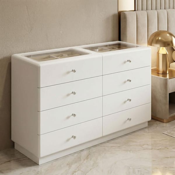 Kingdely White 8 Drawer 55.1 in. Dresser with LED Lights, Glass Top, Modern Chest of Drawers with Crystal Handles, Storage ZN-KF330145-01