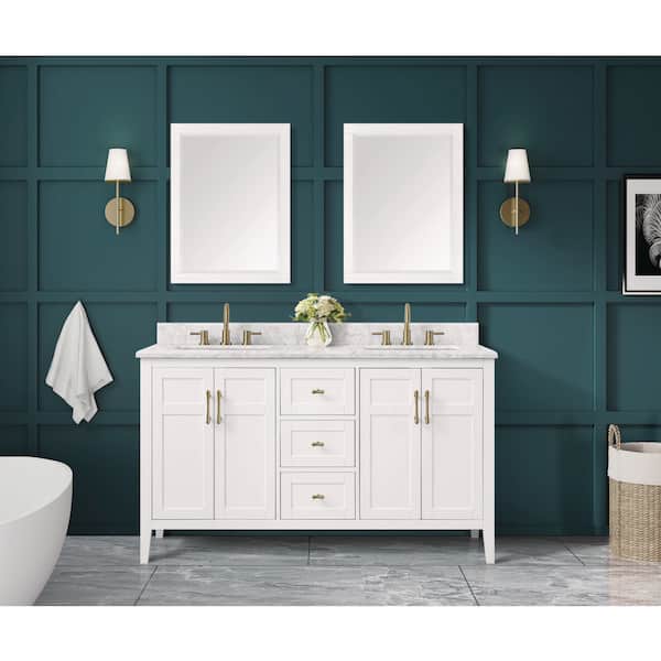 Sturgess 61 in. Double Sink White Bath Vanity with White Carrara Marble Top (Assembled)