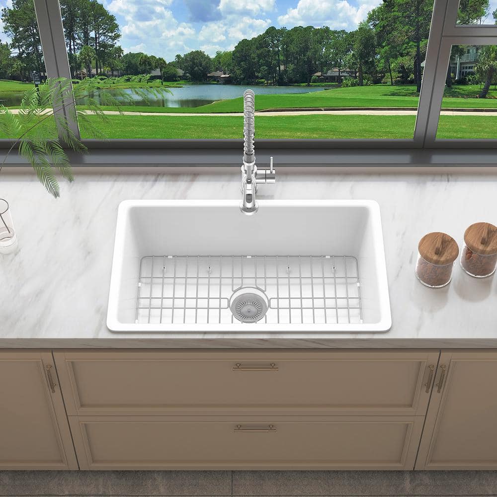 32" White Fireclay Drop-In Single Bowl Kitchen Sink with Drainboard