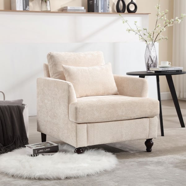 Jill Mid Century Modern Beige 29.53 in. Chenille Upholstered Accent Chair with Studded