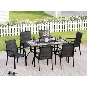 7-Pieces Metal Outdoor Patio Dining Set with 6 Textilene Dining Chairs and Rectangle Imitation Wood Grain Tabletop