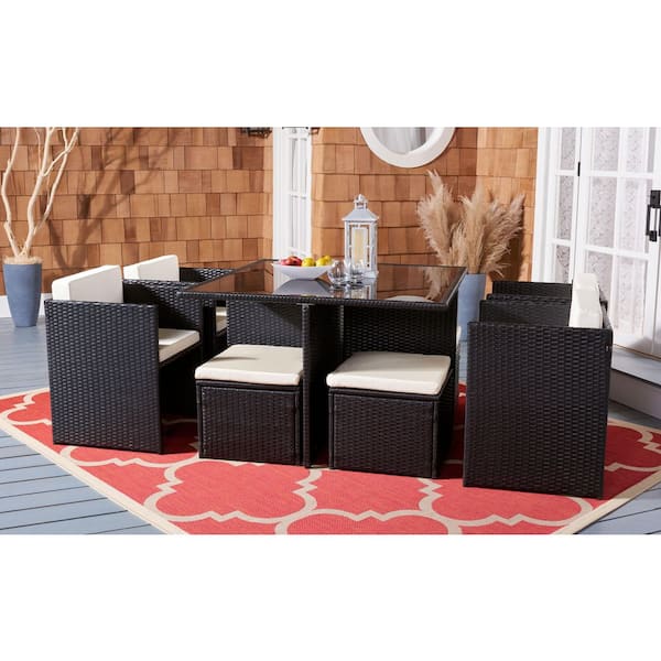 Klena Black 9-Piece Wood Patio Conversation Set with Beige Cushions