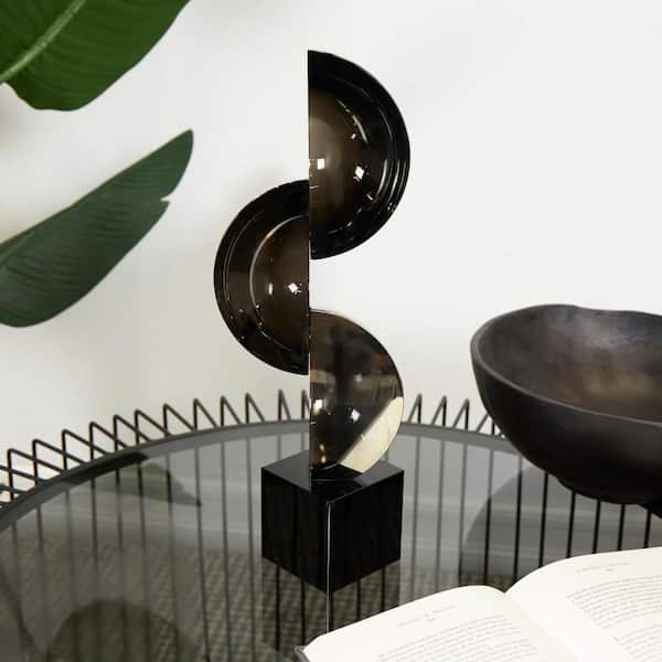 Litton Lane Dark Gray Crystal Quartered Stacked Orbs Geometric Sculpture with Square Black Base