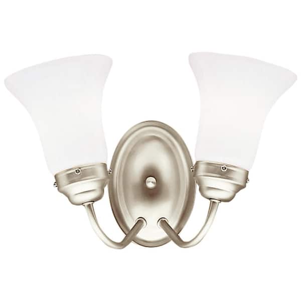 Independence 13.5 in. 2-Light Brushed Nickel Transitional Bathroom Vanity Light with Frosted Glass Shade