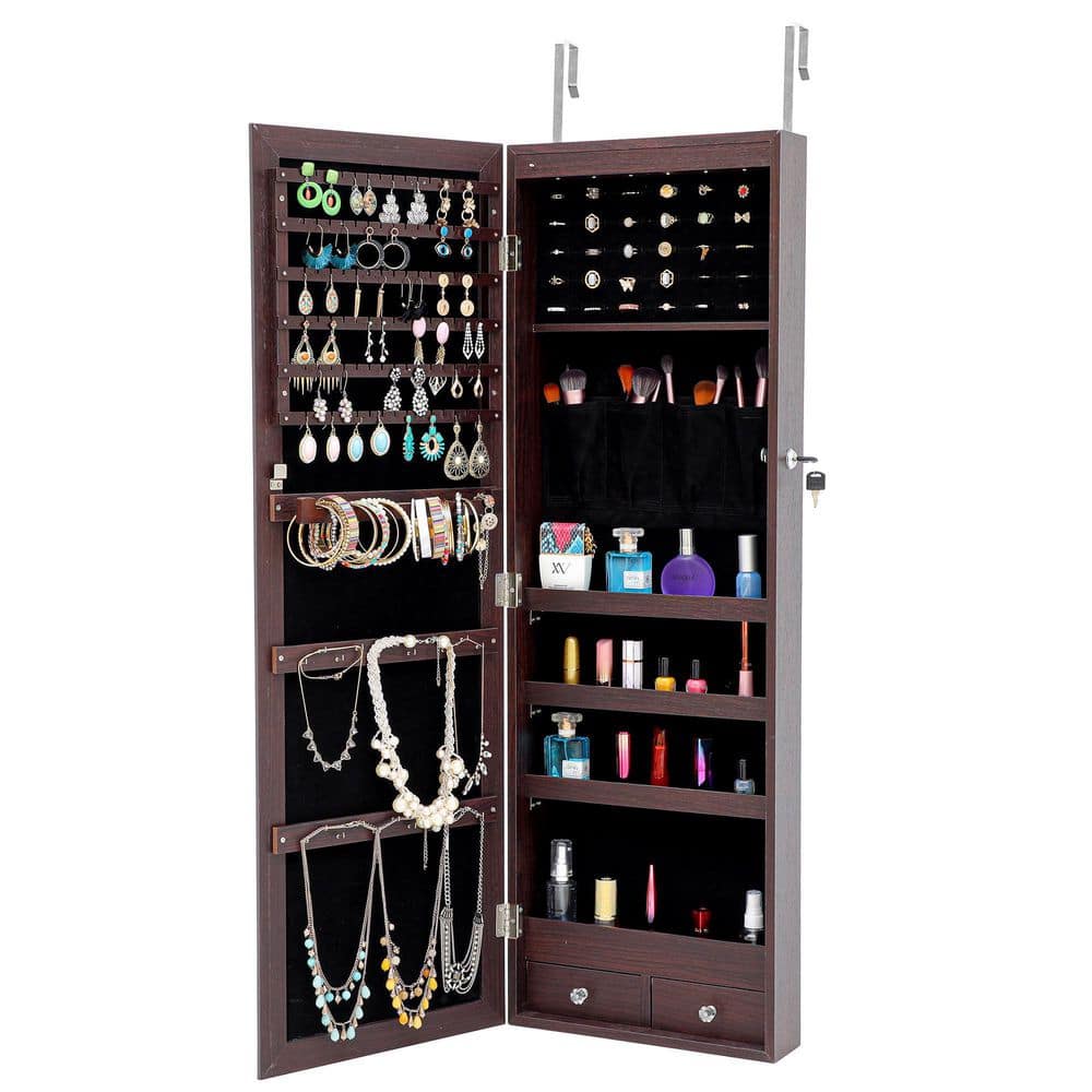Brown Jewelry Lockable Storage Mirror Cabinet with LED Lights Can Be Hung  On The Door Or Wall S01CUU400 The Home Depot