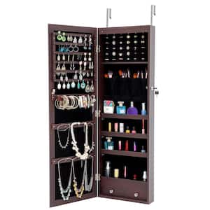 Brown Jewelry Lockable Storage Mirror Cabinet with LED Lights Can Be Hung On The Door Or Wall