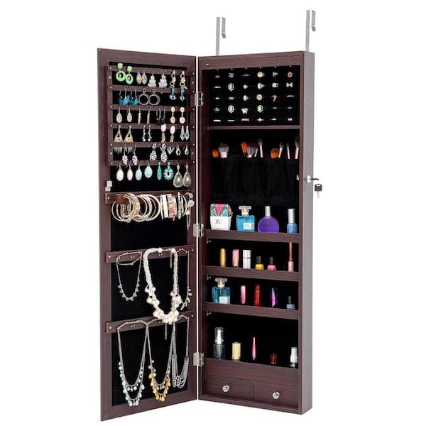 Unbranded Brown Jewelry Lockable Storage Mirror Cabinet with LED Lights Can Be Hung On The Door Or Wall