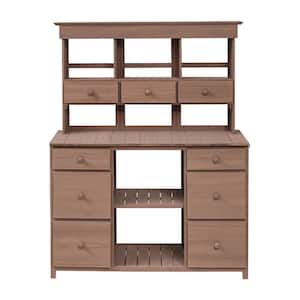 50.1 in. x 19.7 in. x 65.7 in. Brown Outdoor Wood Potting Bench Table with Multiple Drawers and Shelves