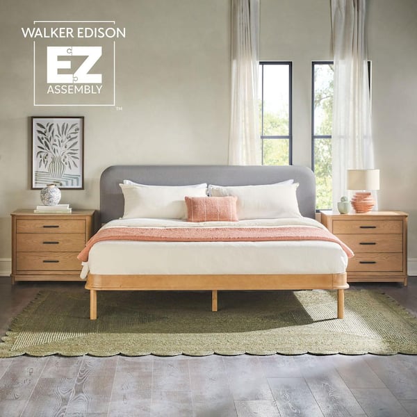 Walker Edison Furniture Company Contemporary Brown and Grey Solid Wood Frame King Platform Bed with Elegant Curved Upholstered Headboard