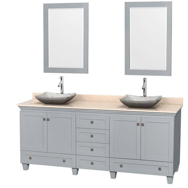 Wyndham Collection Acclaim 80 in. W x 22 in. D Vanity in Oyster Gray with Marble Vanity Top in Ivory with White Basins and 24 in. Mirrors