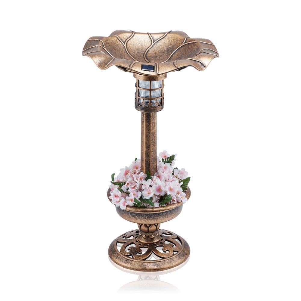 Bronze Outdoor Pedestal Birdbath with Planter and Solar LED