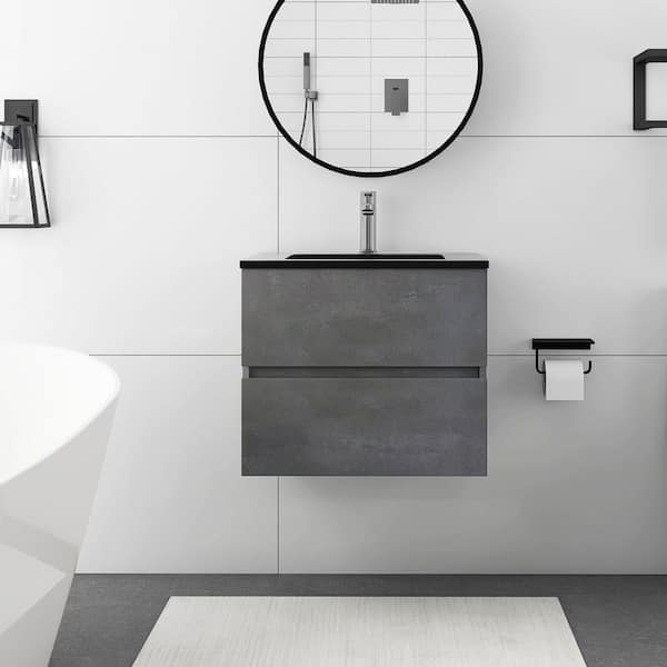 Staykiwi 23.6 in. W x 18.9 in. D x 20.7 in. H Single Sink Wall Mounted Bath Vanity in Cement Grey with Black Quartz and Top