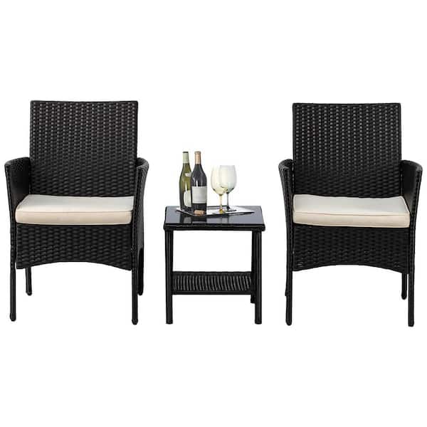Freddy Black 3-Piece Wicker Patio Conversation Set with Beige Cushions