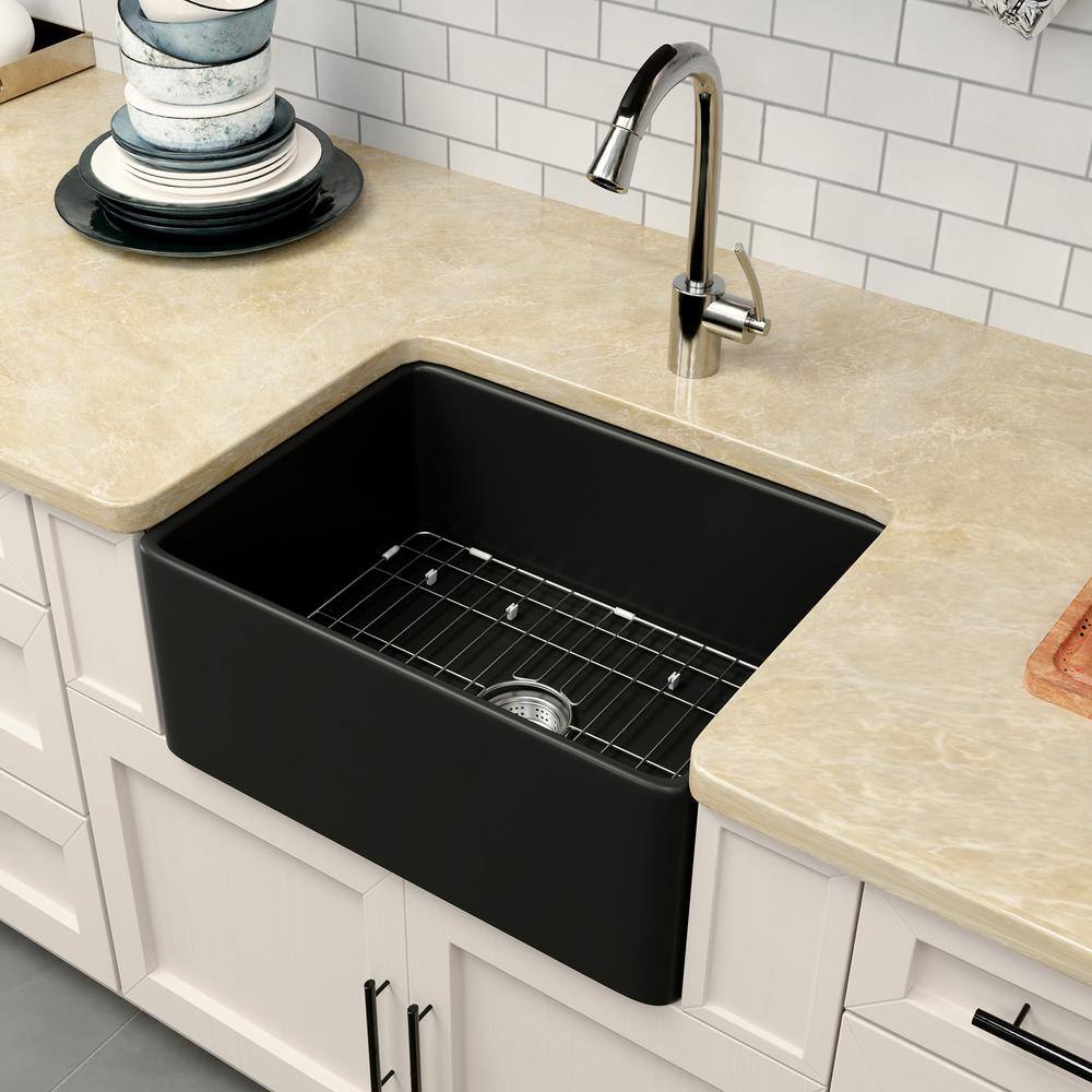 Black Fireclay 24 in. Single Bowl round Corner Farmhouse Apron Kitchen Sink with Bottom Grid and Basket Strainer price history on PriceWatchPro