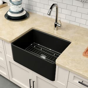 Black Fireclay 24 in. Single Bowl round Corner Farmhouse Apron Kitchen Sink with Bottom Grid and Basket Strainer